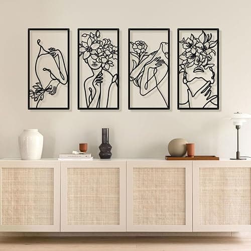 Bakovity Black Metal Wall Decor, Abstract Woman Wall Art, Minimalist Line Wall Decor, Modern Aesthetic Metal Wall Art for Bedroom Bathroom Living Room (4 Pcs, 17 x 9 in) - Dark Black - Image 1