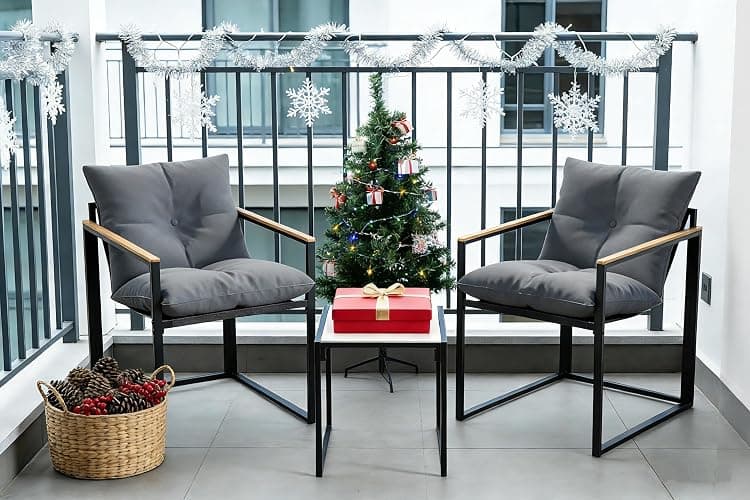3 Piece Patio Bistro Set, Small Outdoor Furniture with Heat-Resistant Wood Armrests & Breathable Textilene Chairs, Glass Side Table & Thick Cushions for Apartment Balcony, Porch, and Garden (Gray) thumbnail 2