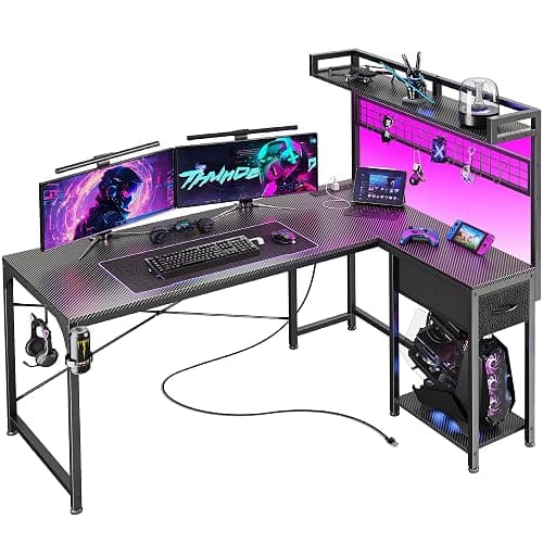 PRAISUN L Shaped Gaming Desk with Shelves, Corner Computer Table with LED Lights, Power Outlets and USB-C Ports, 50 Inch Home Office Desk with Storage Drawer, for Work and Study, Carbon Fiber Black - Image 1