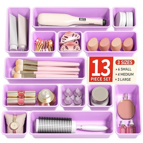 Canfanni 13 Pack Plastic Drawer Organizers Set, 3 Sizes Desk Drawer Organizer Trays for Vanity and Makeup Organizer, Organization and Storage for Makeup, Kitchen Utensils, Bathroom and Office(Purple) - Image 1