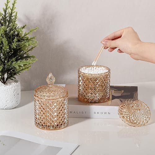 2 Pack Qtip Holder Thick Glass Apothecary Jars with Lid for Bathroom Decor Storage Organizer for Cotton Swabs, Balls, Pads, Floss Picks, Candy, Jewelry, Amber thumbnail 4
