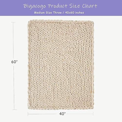 Bigacogo Chunky Knit Throw Blanket for Couch, 40x60 inches, 100% Hand Knitted with Thick Jumbo Chenille Yarn, Cozy Soft Large Rope Knot Cable Crochet Blankets for Sofa Bed Living Room, Beige thumbnail 2