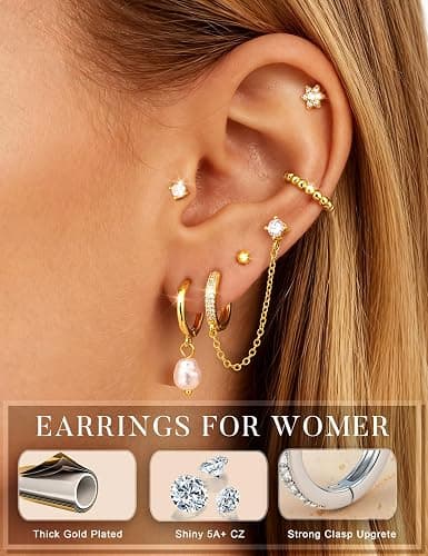 HAIAISO Small 14K Gold Plated Huggie Hoop Earrings for Women Lightweight Double Piercing Chain Earrings Dainty Stud Earrings Hypoallergenic 14K Gold Plated Hoop Earrings Set thumbnail 3