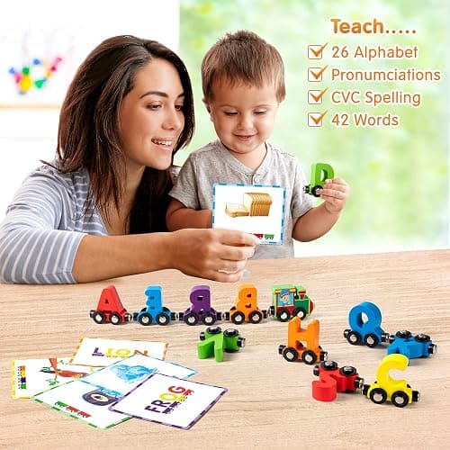 Vanmor 27 PCS Magnetic Wooden Alphabet Train Sets | ABC Letter Learning Toy Trains with 42 PCS Flash Cards, 1 Engine, 1 Storage Bag | Toddlers Kids Boys Girls Educational Toys for 3 4 5 6 7 Years Old thumbnail 5