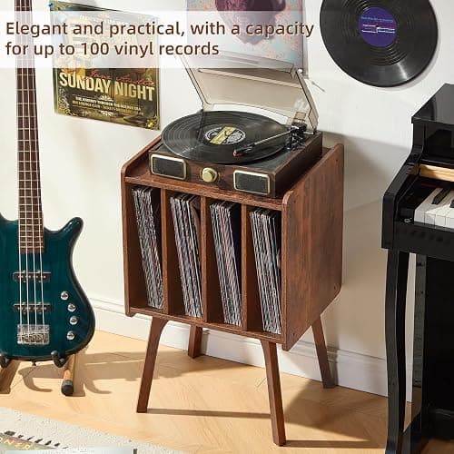LELELINKY Record Player Stand, Brown Vinyl Record Storage Table, Patented | Mid-Century Modern Turntable Stand with Wood Legs, 4 Cabinets, Up to 100 Albums, Vinyl Holder Shelf for Bedroom Living Room thumbnail 4