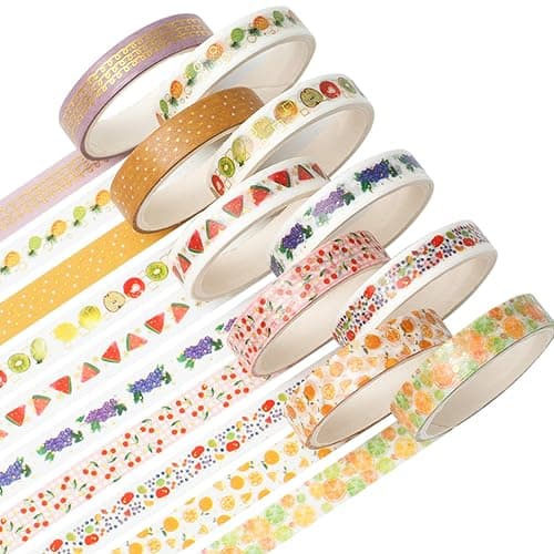 YUBBAEX 10 Rolls Sparkling Washi Tape Set 8mm Skinny Gold/Silver Foil Decorative Masking Washi Tapes for Bullet Journal,Scrapbook, Planner, DIY Crafts (Various Fruits) - Image 1