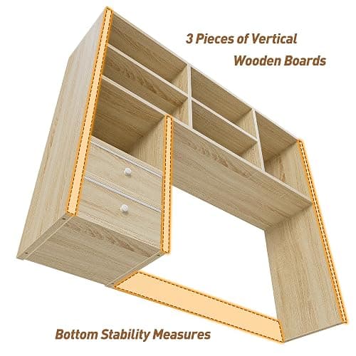 REIBII Desktop Bookshelf, High-Capacity Desk Hutch Organizer with 7 Shelves and 2 Drawers, Adjustable Bookshelf Storage, Desk Shelf for Top of Desk, Desk Hutch Dorm, Natural thumbnail 7
