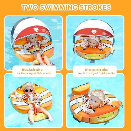 Mambobaby Baby Pool Float with Canopy, Non-Inflatable Infant Baby Swim Float Trainer with Safe Seat & Tail Support for Toddler, Mambo Baby Float Solid UPF 50+ Sun Protection thumbnail 4