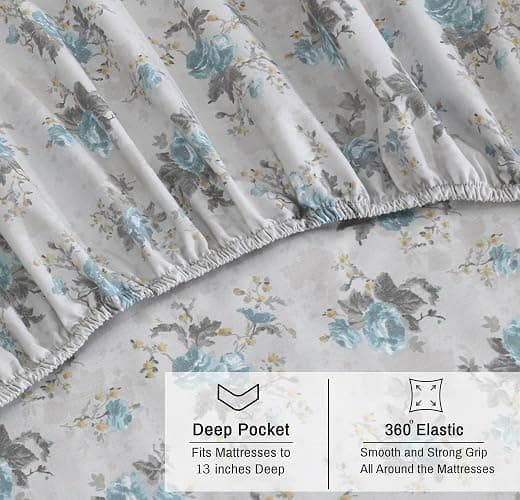 RUVANTI 100% Organic Cotton Sheets California King, Percale Weave, GOTS Certified, 4-Piece Set, Deep Pocket 13", Crisp & Breathable, Soft Durable Bedding, Sábanas Algodón Orgánico – Blue Rose thumbnail 7