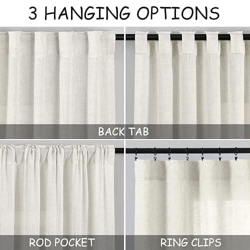 Cream Linen Back Tab Curtains 84 Inch Length for Living Room 2 Panel Set Neutral Modern Farmhouse Window Privacy Semi Sheer Linen Drapes Rustic Pinch Pleated Look Curtain Natural Ivory Colored thumbnail 3