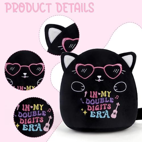 SEAOPOP Cat 10th Birthday Stuffed Animals: 8-Inch in My Double Digits Era Gifts for Girls, 10th Birthday Black Cat Plush Toy for Girl Kids, Cute Plushie Pillow with Heart Glasses, Party Decor thumbnail 3