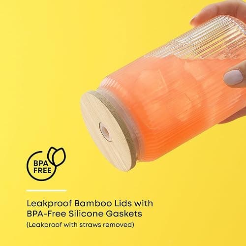 JoyJolt Fluted Glass Tumblers with Bamboo Lids and Glass Straws, Ribbed Can Shaped Drinking Glasses Set of 4, 16oz Cup with Lids and Straws, Iced Coffee Cups, Cocktail/Beer Glasses, Tea Cups thumbnail 4