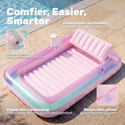 SLOOSH Inflatable Tanning Pool Lounger Float, 70" x 46" Pool Floats Adult with Pillow, 4 in 1 Suntan Tub Raft Floatie,Sunbathing Bed Lounge for Water Blow Up Ball Pit Party Gifts, L-Cyan Pink thumbnail 4