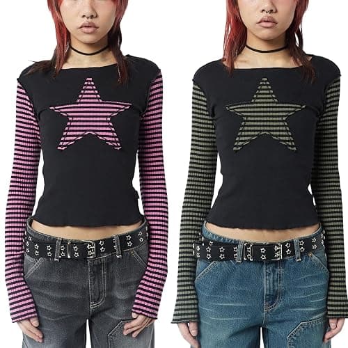 Women Vintage Star Pattern Stripes Patchwork T Shirts Long Sleeve Crew Neck Crop Top Casual Y2K 90s Streetwear thumbnail 6
