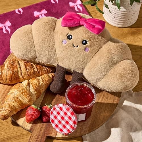 OHS Bow Croissant Plush Decorative Pillows, Throw Pillow Stuffed Toy Novelty Cushions for Sofa Bed Cuddle Cushion Cute Room Decor Plush Pillow for Kids Adults, Natural/Hot Pink - 35 x 18cm thumbnail 3