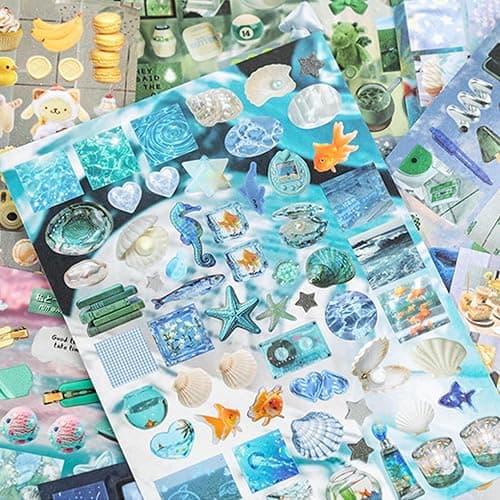 30 Sheets Japanese Aesthetic Sticker Book with Hard Matte Cover, Dreamcore Ocean Theme Foil & Texture Stickers for Journaling, Scrapbooking & Planner Decoration thumbnail 5
