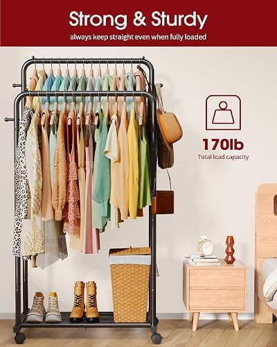 Sakugi Clothes Rack - Double Rods Clothing Rack with Mesh Shelf, Hooks & Wheels, Metal Clothing Racks for Hanging Clothes & Bags, Multifunctional Garment Rack for Laundry, Black, 28.7" x 16.5" x 59.1" thumbnail 5