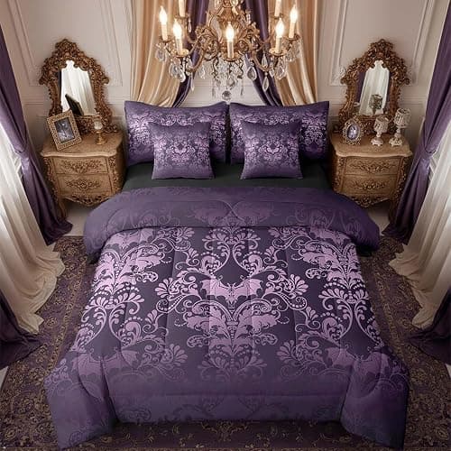 Erosebridal Gothic Damask Bed in a Bag Queen Comforter Set 7 Piece,Halloween Bat Bedding Sets Purple Victorian Floral Goth Sheet Set with Comforter - Image 1