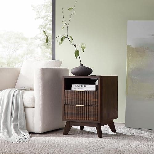 T4TREAM Fluted Nightstand Set of 2 with Charging Station, 18" Modern Side Table, 2 Drawers End Table with Storage, Bedside for Bedroom, Living Room, Curved Profile Design, Dark Walnut thumbnail 2
