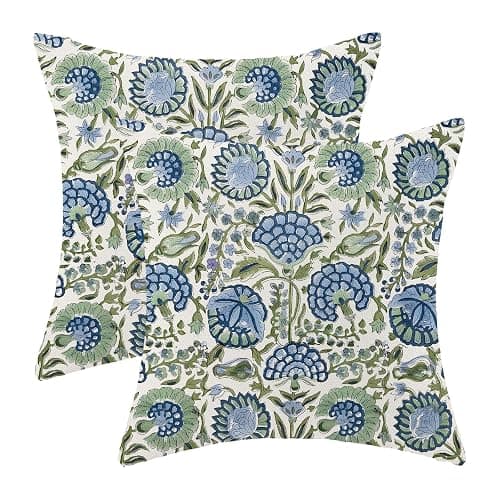 Boho Blue Pillow Covers 18x18 Inch Set of 2 Vintage Navy Blue Sage Green Floral Decor Throw Pillows Spring Summer Seasonal Flower Pillowcases Linen Outdoor Decoration Cushion Covers for Couch Sofa - Image 1