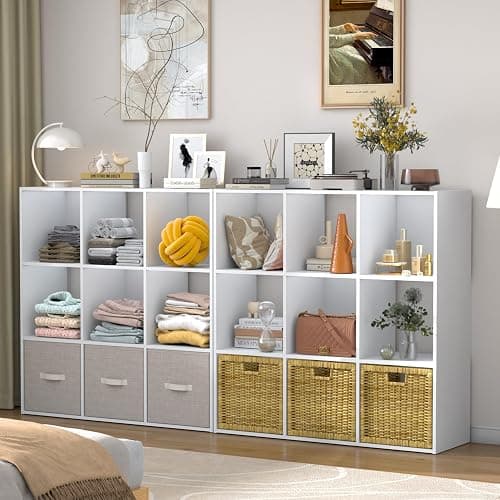 PrimeZone Stackable 9 Cube Storage Organizer: Wood Cubes Shelf Fits Cubby Bins - Square Cubicle Bookshelf Cabinet for Closet Bedroom - Open Storage Shelf for Toy Clothes Book Organization, White thumbnail 2