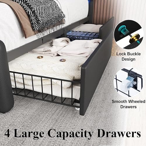 Queen Size Bed Frame with 4 Storage Drawers and LED Lights, Upholstered Platform Bed with Adjustable Headboard and Charging Station, Metal Slats Support, No Box Spring Needed,Easy Assembly, Black thumbnail 5