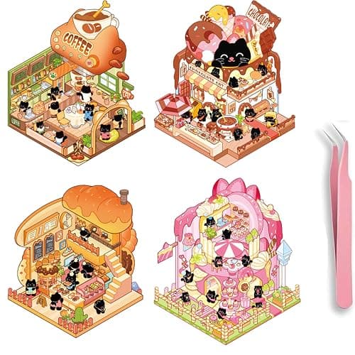 SSNLNBF 4 Sets DIY 3D House Stickers - Cute Cartoon Miniature Scene Stacking Toys, Isometric 3D Sticker Therapy for Stress Relief & Relaxation, Teens & Adults Creative Hobby Kit - Image 1