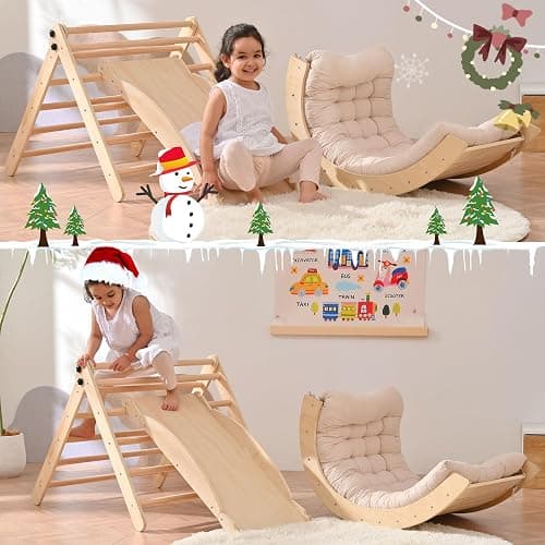 OLLIKIVI Pikler Triangle Set with Cushion, Indoor Climbing Toy Set for Toddlers, Montessori Foldable Indoor Playground, Wodden Jungle Gym with Ramp and Arch Climber for 1-6 Years Old Kids thumbnail 6