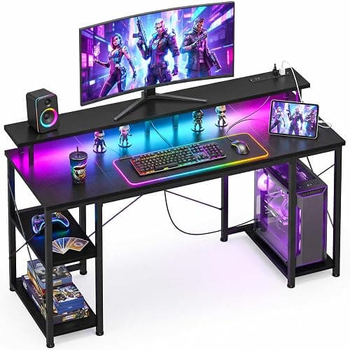 ODK 48 inch Gaming Desk with LED Lights & Power Outlets, Computer Desk with Monitor Stand & Storage Shelves, CPU Stand, Home Office Desk, Black - Image 1
