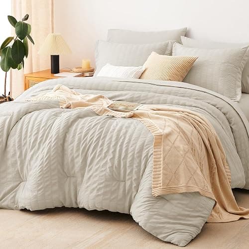 CozyLux Queen Comforter Set Oatmeal Seersucker 7 Pieces Bed in a Bag Queen Comforter Set with Sheets Luxury Soft Bedding Set with Down Alternative Comforter, Sheets, Pillowcases & Shams for All Season - Image 1
