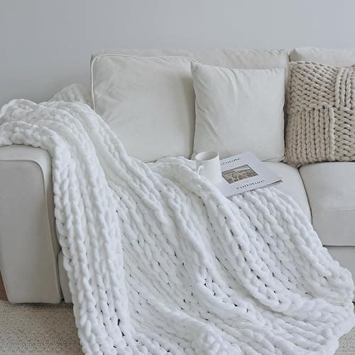 Chunky Knit Blanket Throw （40×50 Inch）, Handmade Warm & Cozy Blanket Couch, Bed, Home Decor, Soft Breathable Fleece Banket, Christmas Thick and Giant Yarn Throws, White thumbnail 4