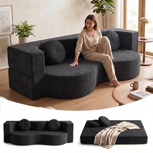 FGNIXLN Woven Fabric Sofa Bed, Convertible Fold Out Floor Couch, Boneless Sofa with 2 Round Cushions, Modular Sleeper Mattress for Living Room Bedroom Guest Room Small Spaces - Image 1