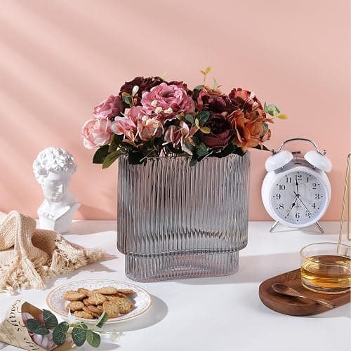 VanEnjoy Ribbed Glass Vase, Gray Colored Fluted Vase, Big Modern Glass Vase, Unique Oblong Ribbed Vase for Flowers, Round Glass Vases for Centerpieces thumbnail 2