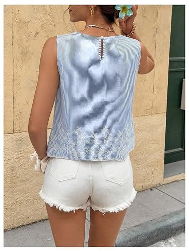 MakeMeChic Women's Striped Floral Blouse Crew Neck Embroidery Sleeveless Summer Tops thumbnail 3