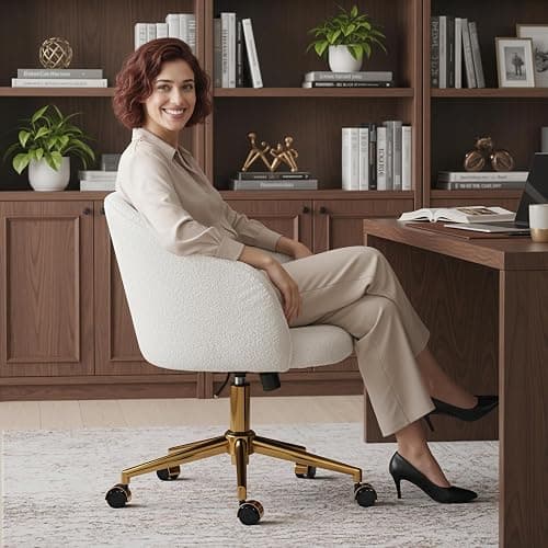 HOMCOM Swivel Office Chair, Teddy Fleece Upholstered Vanity Desk Chair with Adjustable Height, Rolling Wheels for Office, Makeup, Dressing Table, Cream White thumbnail 9