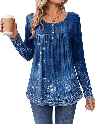 Zeagoo Long Sleeve Shirts for Women Fall Fashion Dressy Casual Blouses Trendy Pleated Tunic Tops for Leggings 2025 thumbnail 3