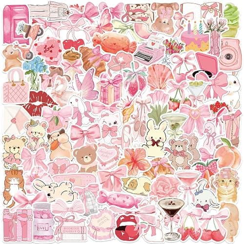 100PCS Pink Coquette Stickers Pack, Aesthetic Cute Bow Tie Girly Stickers for Women Girls Teens, Waterproof Vinyl Bear Drink Decals for Laptop Water Bottles Computer Phone Guitar Journals - Image 1