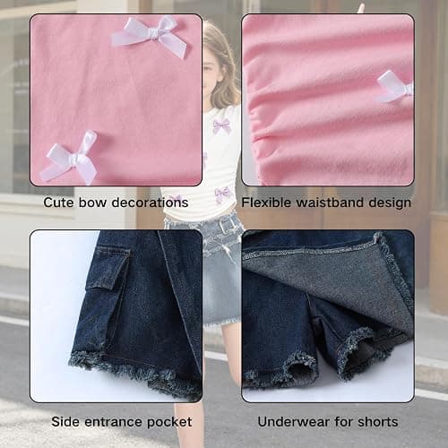 Voxikidio Size 7-13 Years Girls Summer Clothes Bow Short Sleeve T-Shirt and Denim Skirt Shorts Set Outfits for Teen thumbnail 7