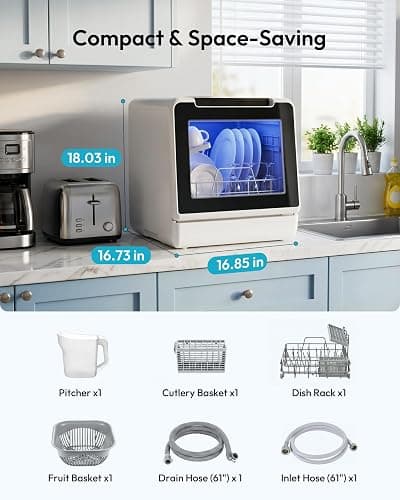EUHOMY Countertop Dishwasher Portable, 8 Programs with 5L Tank, Black, 40dB | 360° Dual Spray Arms, 29-min Quick Wash, 8-Program with Child Lock and Delay Mode, 167°F, 73h Ventilation, 40dB, Time-Saving thumbnail 7
