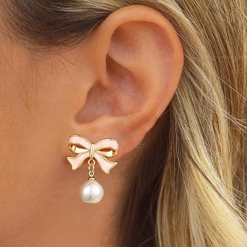JIAOGE Easter Gifts for Kids Teen Girls - Gold Earrings for Women Girls Bow Earring Jewelry Huggie Hoop Stud Earrings Hypoallergenic CZ Pearl Drop Bow Earring Gifts for Girls Wedding Birthday Gifts thumbnail 4