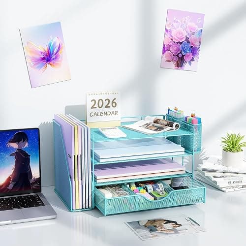 gianotter Desk Organizers and Accessories with File Holder, 4-Tier Desk Accessories & Workspace Organizers with Drawer and 2 Pen Holder, Paper Organizer for Office Supplies (Blue) thumbnail 7
