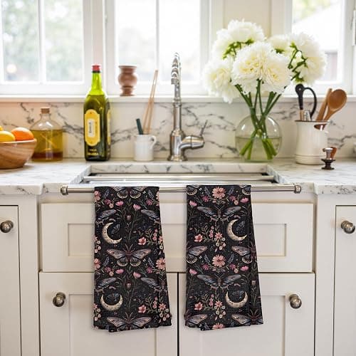 Gothic Moth Butterfly Kitchen Bathroom Towels Set of 2, Dark Academia Witchy Moon Celestial Towel, Gothic Witchy Home Room Decor Aesthetic, Dark Cottagecore Decor，16x24 thumbnail 4