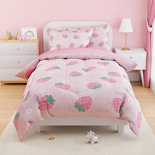 SANDJEST Strawberry Comforter Set Twin Size 68x86in for Kids Girls, Microfiber 3 Pcs Bedding Set Includes 1 Comforter, 1 Pillowcase, 1 Fitted Sheet, Nursery Room Decor thumbnail 6