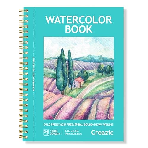 Creazic Watercolor Paper Pad, 5.5"x8.5” (24 Sheets, 140lb/300g), Spiral - Bound with Tear - Line. A Watercolor Journal and Sketchbook for Adults & Kids - Ideal for Smaller - Sized Exercises or Travel - Image 1
