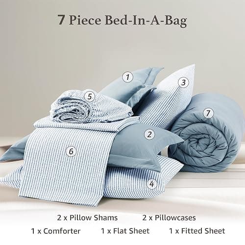 Monbix Queen Comforter Set - 7 Pieces Dusty Blue Prewashed Bed in a Bag Queen Bedding Sets with Comforters, All Seasons Ultra Soft Comforter Bed Set with Sheets,Pillowcases & Shams thumbnail 7