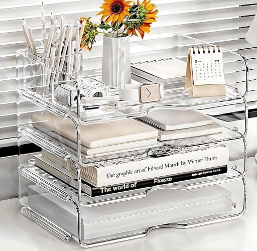 DCA 4 Tier Large Capacity Desk Organizer, Clear Stackable Paper Tray | High-Volume File Storage | Office, Home & School Use | Easy Assemble | Letter & A4 Compatible - Image 1