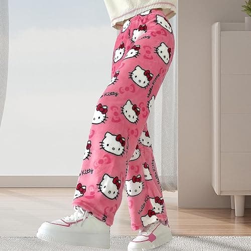 Cute Cartoon Pajama Pants for Women, Kawaii Anime Cat Pjs Christmas Pajama Pants Fluffy Flannel Sleep Bottoms thumbnail 3