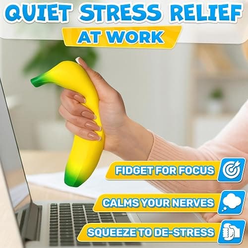 Tesorrio Fake Banana Stress Relief Fidget – 6.7 x 1.4 in Soft PU Foam Desk Accessory | Lightweight Squeeze Fidget for Adults | Novelty Office Decor & Relaxation Tool thumbnail 5