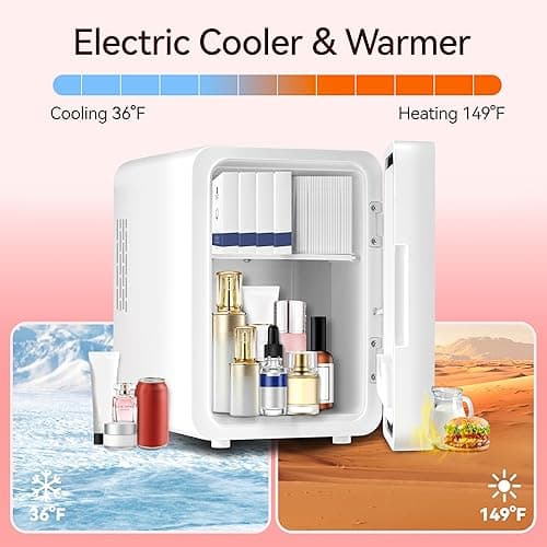 Skincare Fridge With Dimmable LED Mirror, 4L Makeup Mini Fridge for Bedroom, Cosmetics, SkinCare, Cooler & Warmer, Portable Small Refrigerator for Car, Office and Food- White - White thumbnail 5