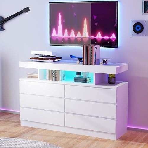 BEWISHOME White Dresser for Bedroom with Charging Station and LED Lights, Wood 6 Drawer Dresser TV Stand with Open Space, Modern Wide Dressers Chest of Drawers for Closet, Living Room, White KCG02W thumbnail 6